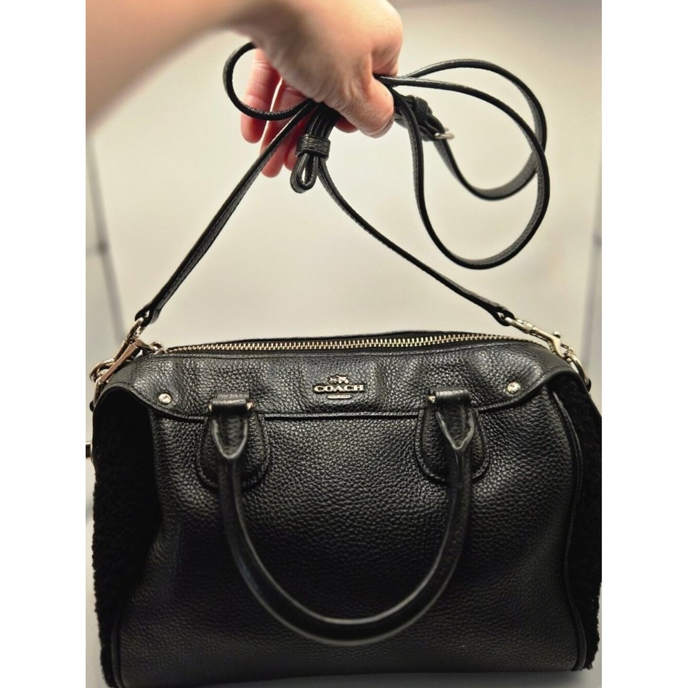 Coach Satchel Womens Medium Black Good Pebbled Leather Shearling Crossbody Bag